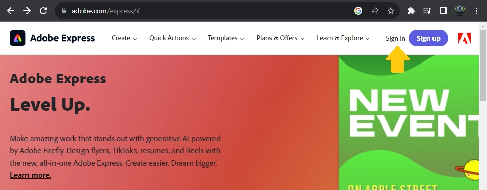 Adobe Express web page with Sign In highlighted.