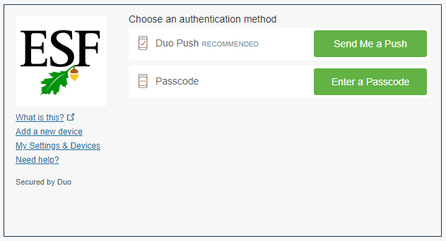 ESF Duo Security authentication screen.